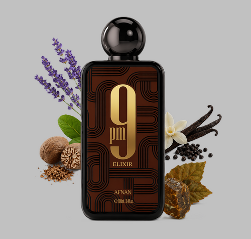 Perfume bottle labeled 9 pm Elixir by Afnan surrounded by vanilla beans, lavender, and other ingredients on a gray background