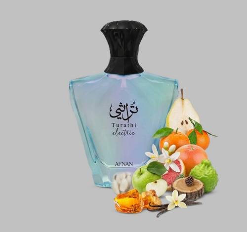 Afnan Turathi Electric perfume bottle by Afnan with fruits and flowers on a gray background