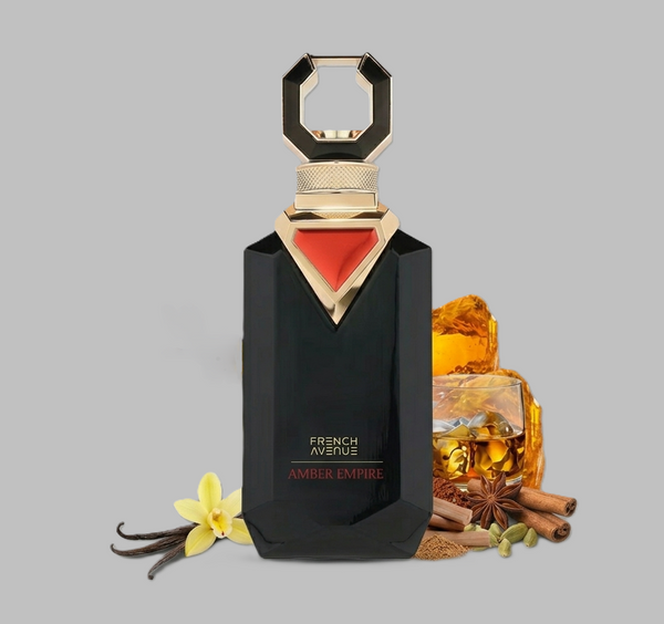 French Avenue Amber Empire Perfume bottle with decorative elements on a gray background