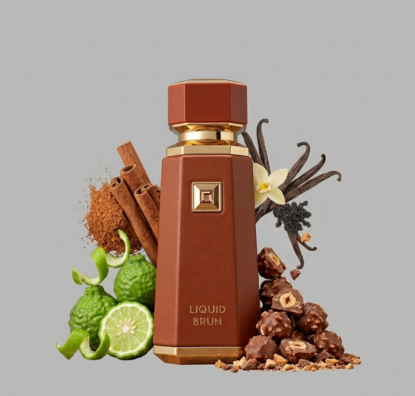 French Avenue Liquid Brun -Brown perfume bottle with vanilla beans, cinnamon sticks, and lime on a gray background