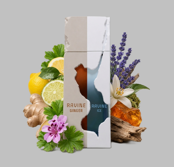 Two Ravine products, one labeled 'Ginger' and the other 'Ice', surrounded by natural elements like lemons, ginger, and lavender. A bundle to be bought together.