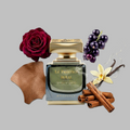 Khadlaj Le Prestige Royal Perfume bottle with rose, grapes, vanilla bean, cinnamon sticks, and leather on a gray background