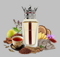 Lattafa Dynasty Perfume bottle labeled 'Dynasty' surrounded by tea leaves, cinnamon sticks, and flowers on a gray background