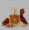 Lattafa Khamrah perfume bottle with spices and dates on a gray background smells like an apple pie
