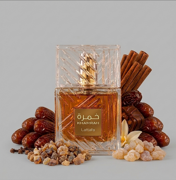 Lattafa Khamrah perfume bottle with spices and dates on a gray background smells like an apple pie