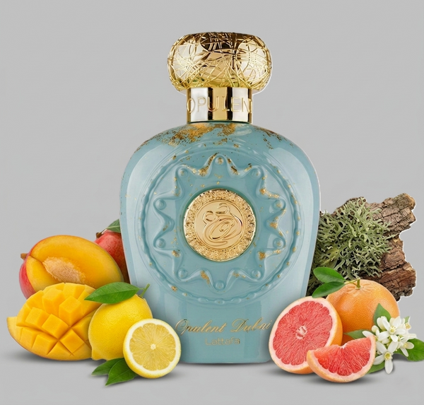 Lattafa Opulent Dubai Decorative bottle with gold accents surrounded by fruits and flowers on a gray background