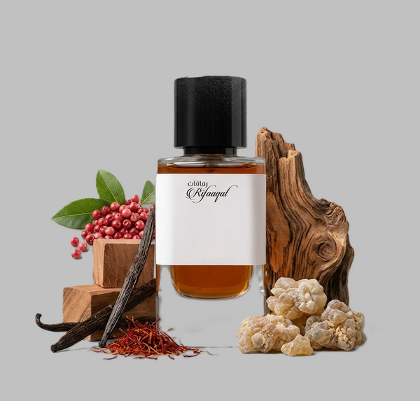 Paris Corner Rifaaqat Perfume bottle with vanilla bean, saffron, and other ingredients on a gray background