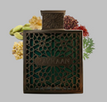 Rayhaan Terra Decorative box with intricate patterns and 'RAYHAAN' branding, surrounded by flowers on a gray background