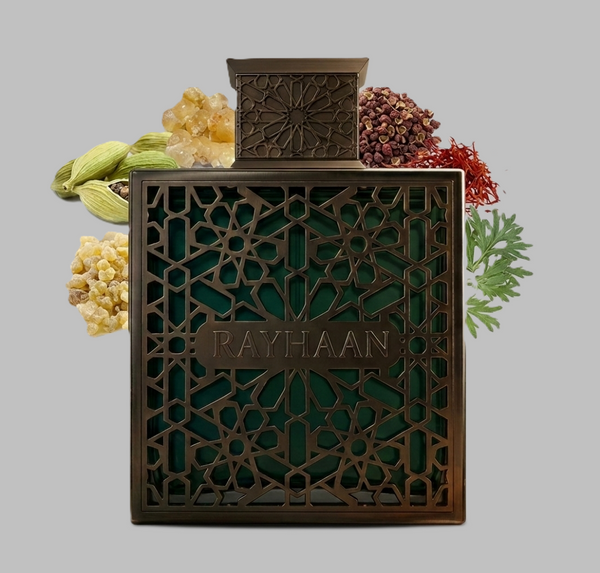 Rayhaan Terra Decorative box with intricate patterns and 'RAYHAAN' branding, surrounded by flowers on a gray background