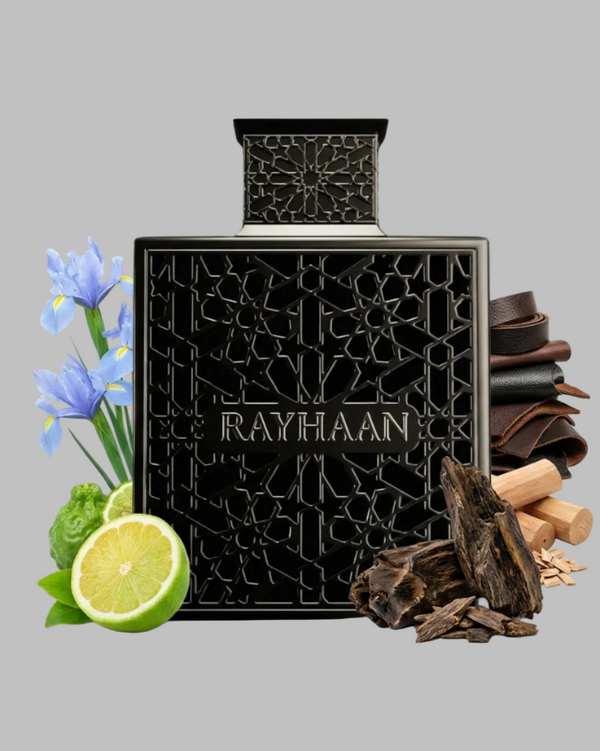 Rayhaan Obsidian Black perfume bottle with floral, fruit, and wood elements on a gray background