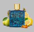 Rayhaan Rayhaan Eau de Parfum bottle with gold cap, surrounded by lemons and leaves on a gray background