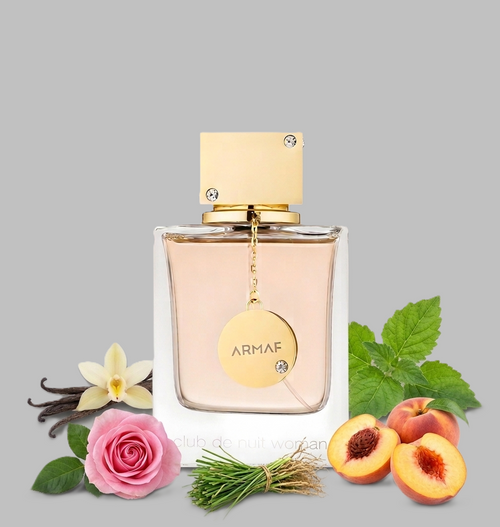 Club de Nuit Woman by Armaf perfume bottle with vanilla, rose, and peach elements on a gray background.