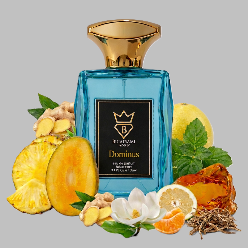 Bujairami dominus perfume Blue perfume bottle with gold cap on a gray background, surrounded by fruits and flowers.
